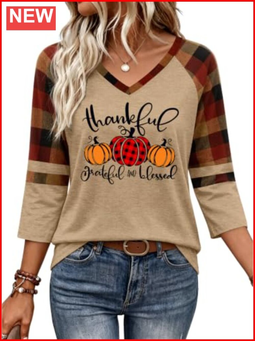 Womens Thanksgiving Pumpkin Graphic V Neck 3/4 Sleeve T Shirt Fall Top